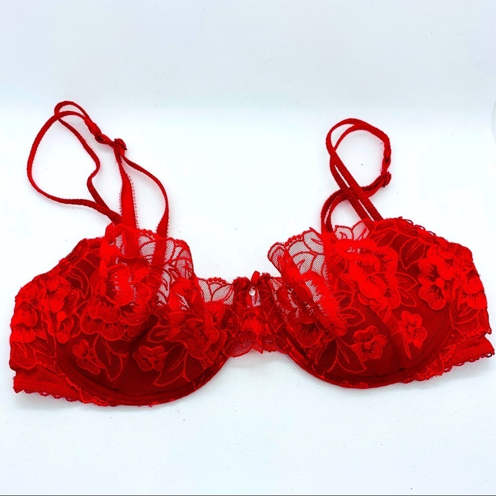 Victoria’s Secret Angels Balconet Red Floral Embroidered Lace Bra 34B